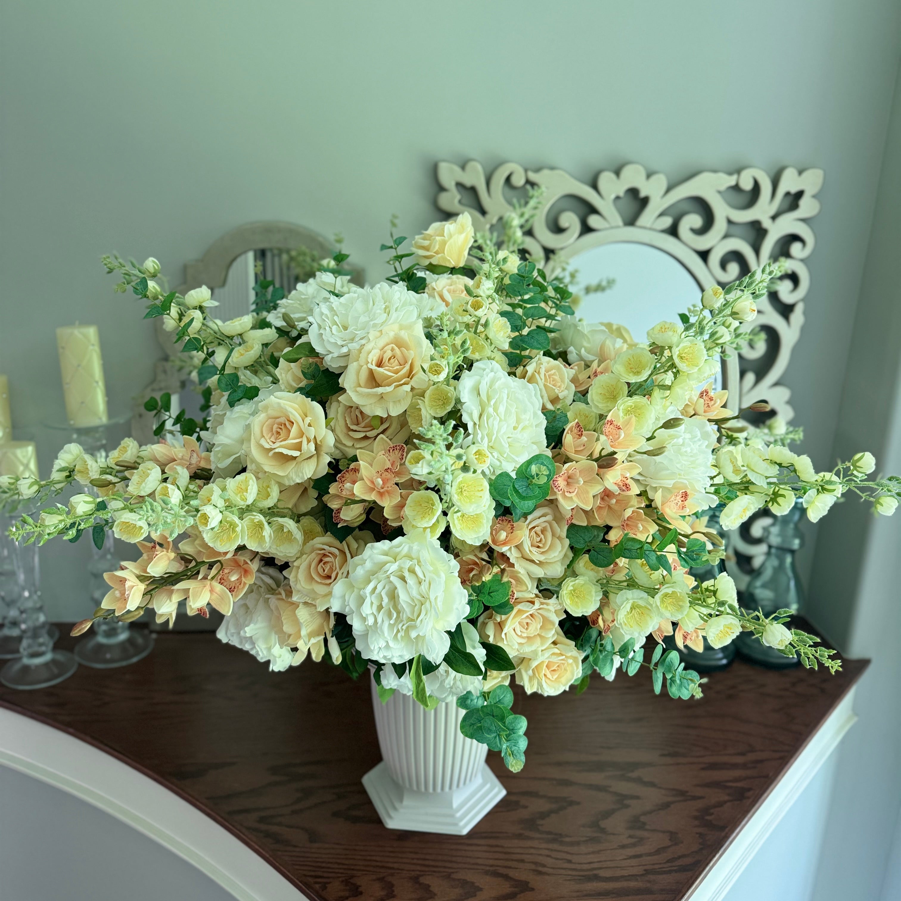 Luxury permanent floral arrangement in Grand Palais vessel featuring hydrangeas, orchids, roses, and lifelike blooms