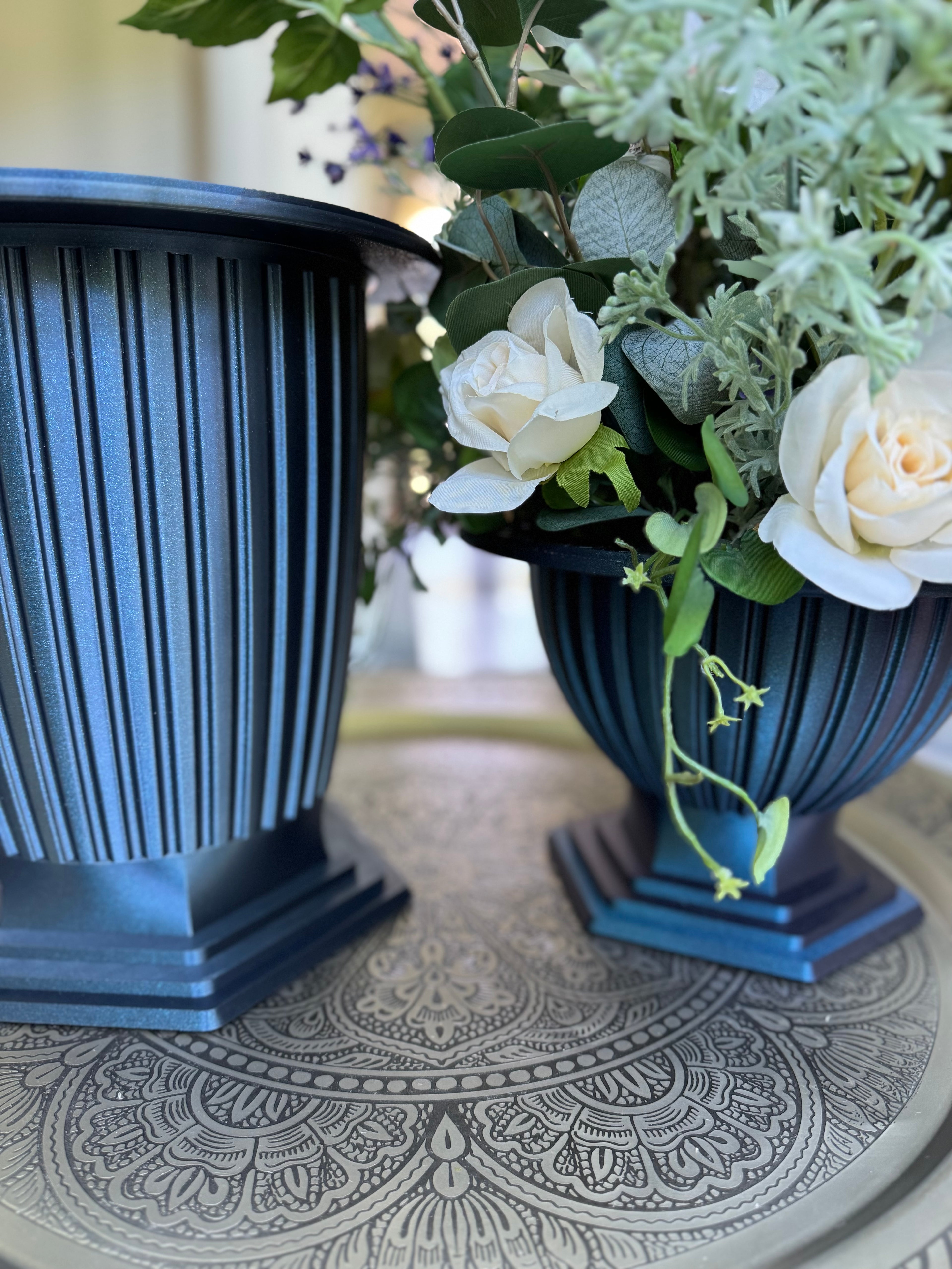 Grand Palais fluted pedestal vessel beside the Signature Palais Bowl vessel, showing size and silhouette comparison