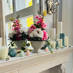 Palais Bowl permanent floral arrangement in Strawberry Shortcake palette displayed on mantel styling vignette