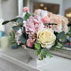 Palais Bowl floral arrangement in the Bone White finish, Duchess size, Rosé Champagne palette, featuring lifelike blush and ivory roses, peonies, mini blossoms, eucalyptus, and delicate filler flowers.