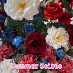 Summer Soirée permanent floral arrangement palette with ivory roses, red florals, blue accents, blush hydrangeas, and eucalyptus.