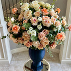 Luxury permanent floral memorial arrangement in Peaches & Cream palette in the D&W Remembrance Column Vase with peach, cream and ivory flowers