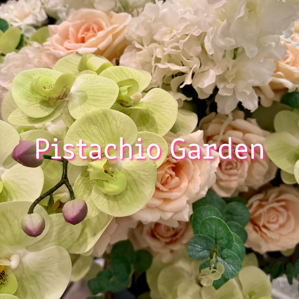 D&W Remembrance Collection Pistachio Garden floral palette featuring pistachio green orchids, soft peach roses, white hydrangeas and eucalyptus