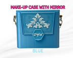 Blue makeup case with mirror and cosmetic storage compartment