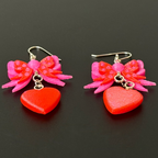 Pair of pink bow heart earrings with sterling silver hooks