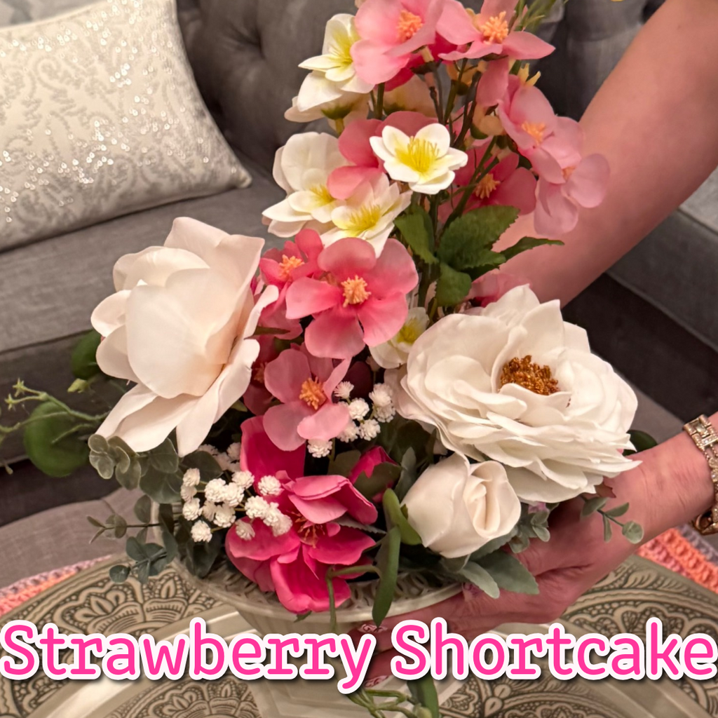 Strawberry Shortcake permanent floral arrangement palette with strawberry pink and creamy white flowers
