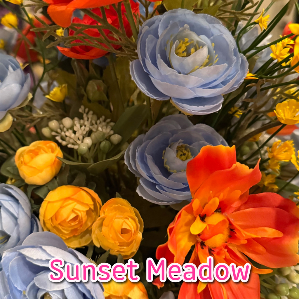 Sunset Meadow permanent floral arrangement palette with golden yellow, orange and blue flowers