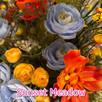 Sunset Meadow permanent floral arrangement palette with golden yellow, orange and blue flowers