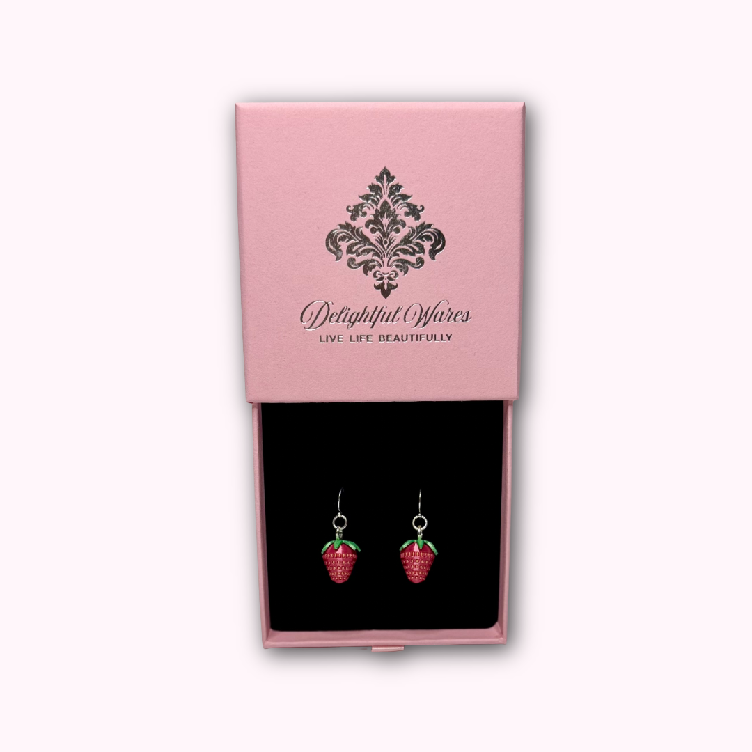Strawberry dangle earrings presented in a pink D&W Delightful Wares gift box.