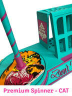 Premium Cat Yarn Spinner featuring original cat artwork, rotating yarn holder, knitting needle and crochet hook storage, phone and tablet stand, and removable accessory tray
