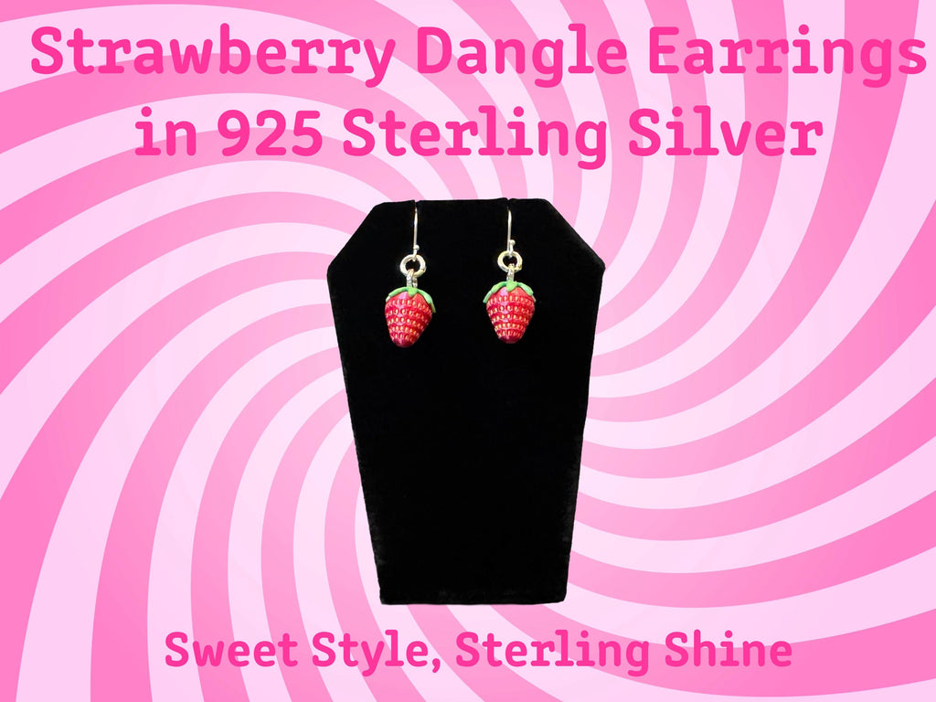 Strawberry Dangle Earrings 925 Sterling Silver Cute Fruit Jewelry