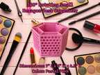 Rotating hexagon desk organizer holding makeup brushes, pens, and office supplies