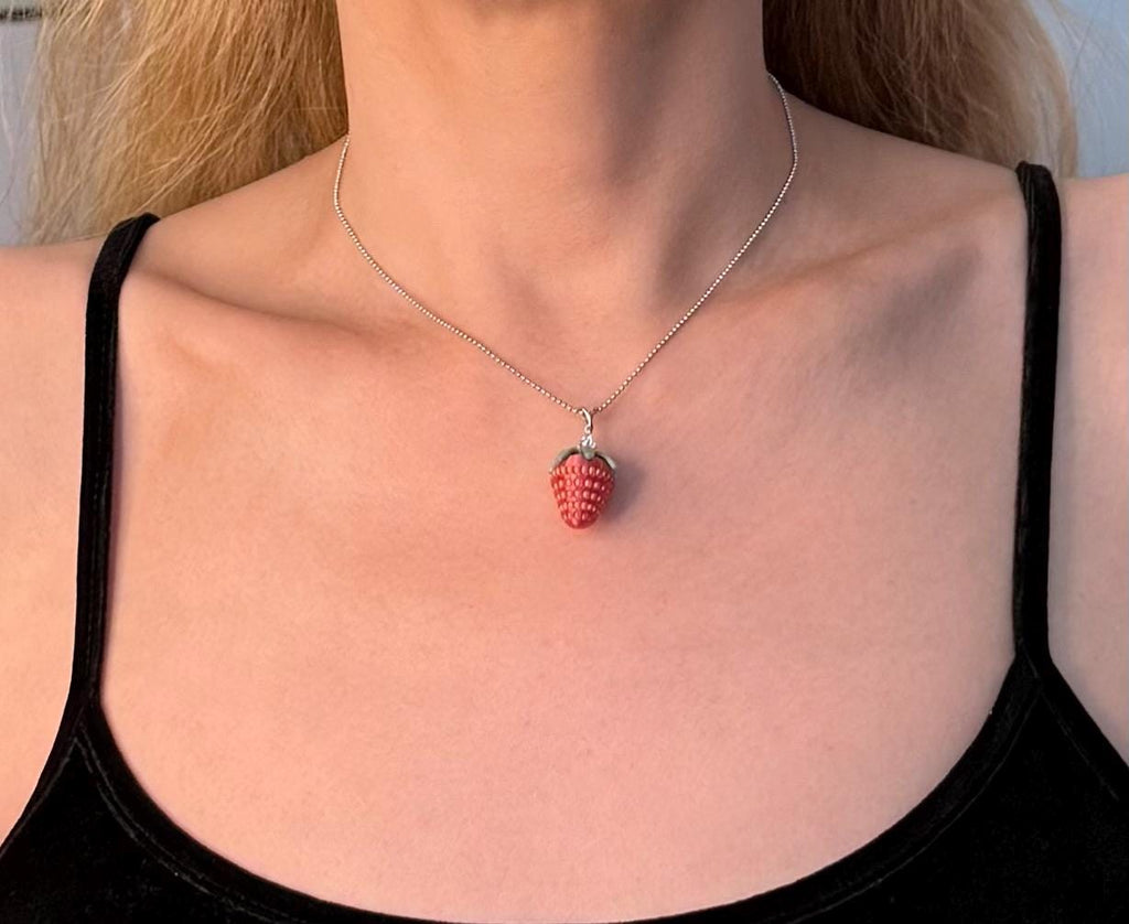 Strawberry Pendant Necklace 925 Sterling Silver Cute Fruit Jewelry