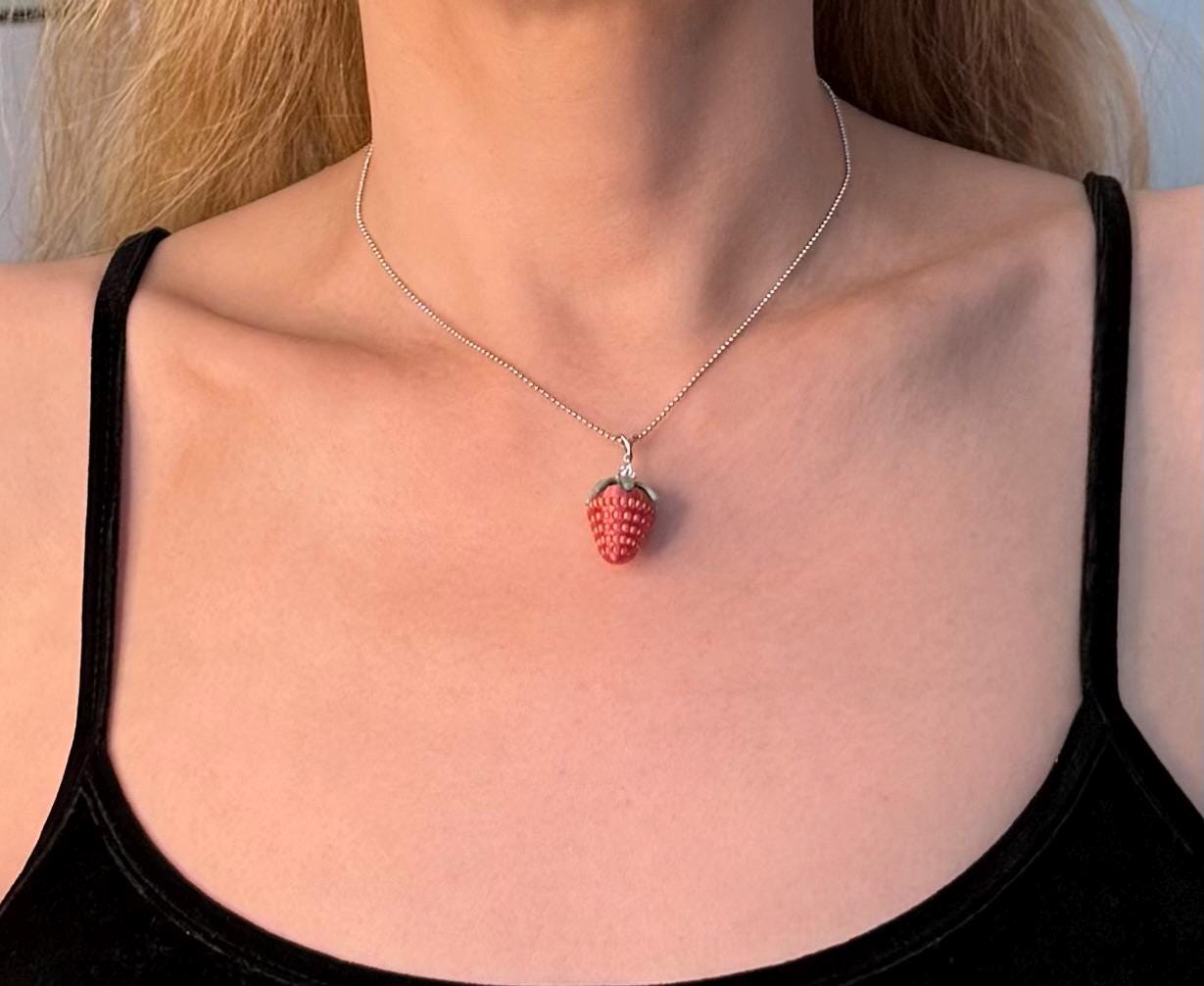 Strawberry Pendant Necklace 925 Sterling Silver Cute Fruit Jewelry