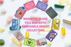 Magnetic pill box with removable 3-compartment insert for organizing pills or small items. 10 designs available.