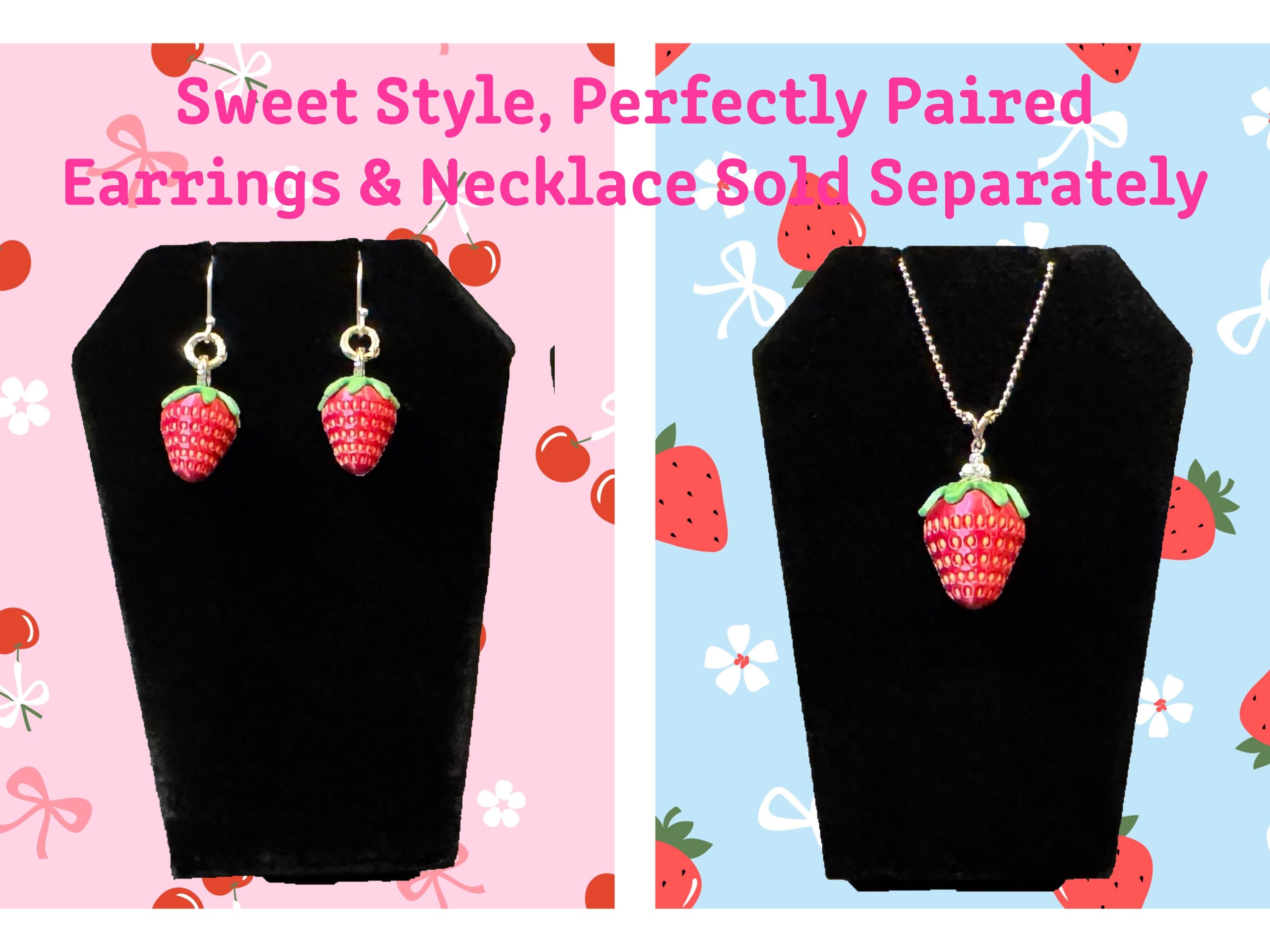 Strawberry Dangle Earrings 925 Sterling Silver Cute Fruit Jewelry