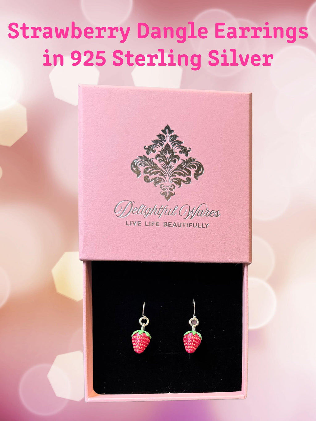 Strawberry Dangle Earrings 925 Sterling Silver Cute Fruit Jewelry