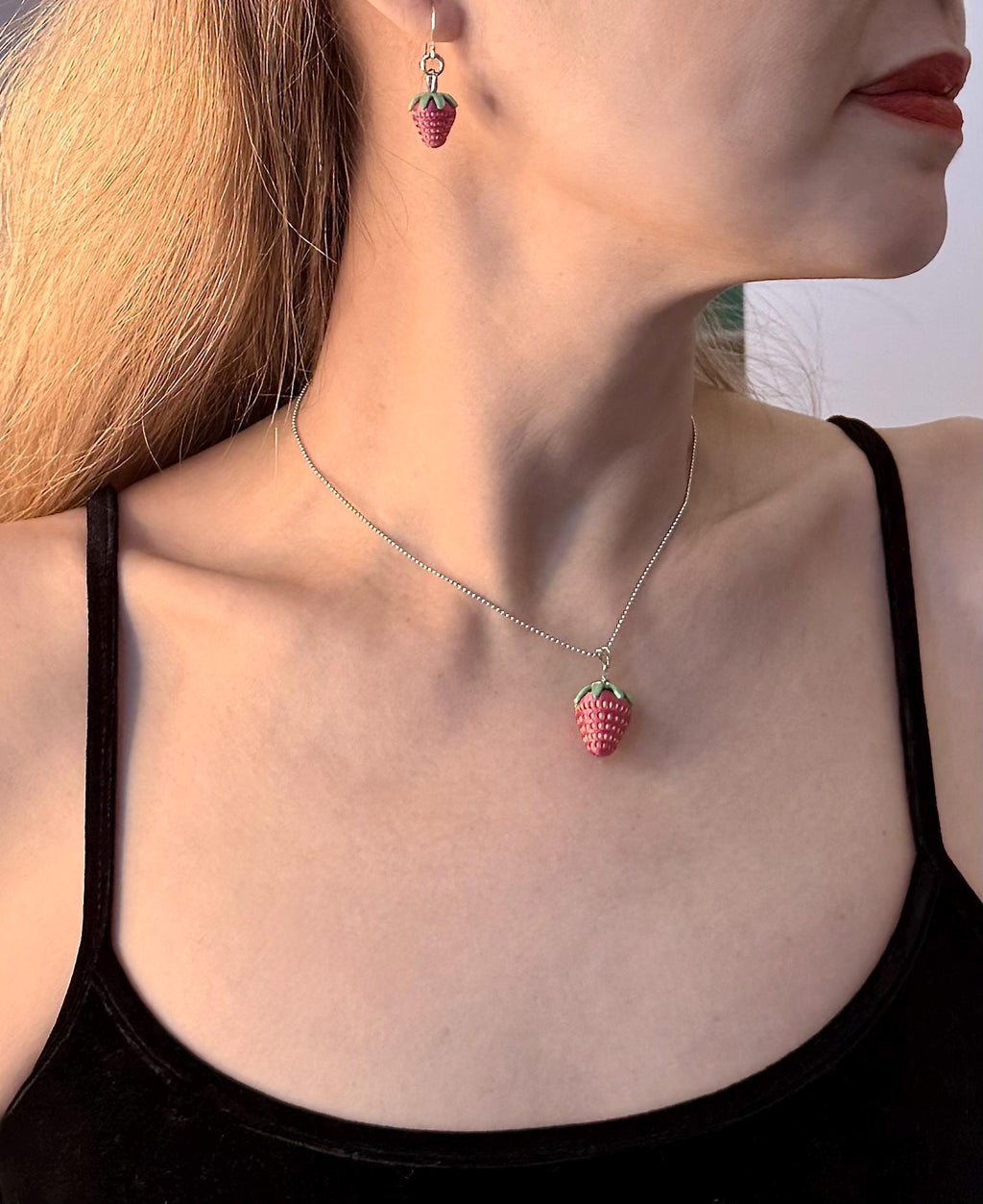 Strawberry Pendant Necklace 925 Sterling Silver Cute Fruit Jewelry