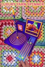 Frog Darn It! Luxury Yarn Spinner Organizer displayed with a crochet project, featuring a rotating yarn spinner, phone and tablet stand, and organized crafting tool storage.