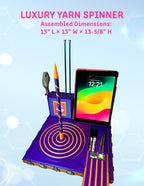 Frog Darn It! Luxury Yarn Spinner Organizer with built-in phone & tablet stand, rotating yarn spinner, knitting needle and crochet hook storage, scissor holder, and sliding storage compartment.