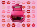 Makeup case with mirror opened to show interior cosmetic storage compartments