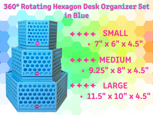 Blue rotating hexagon desk organizer set available in small, medium, and large sizes
