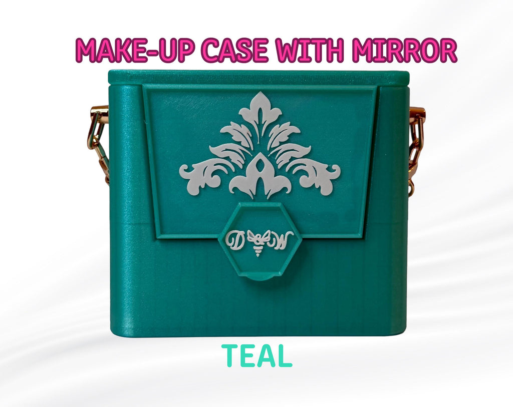 Red makeup case with mirror and cosmetic storage compartment