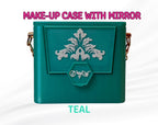 Red makeup case with mirror and cosmetic storage compartment