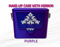Purple makeup case with mirror and cosmetic storage compartment