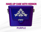 Purple makeup case with mirror and cosmetic storage compartment