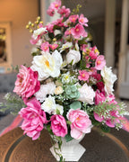Palais Bowl floral arrangement in the Bone White finish, Princess size, Strawberry Shortcake palette, featuring lifelike pink roses, white garden roses, cherry blossoms, eucalyptus, and greenery.