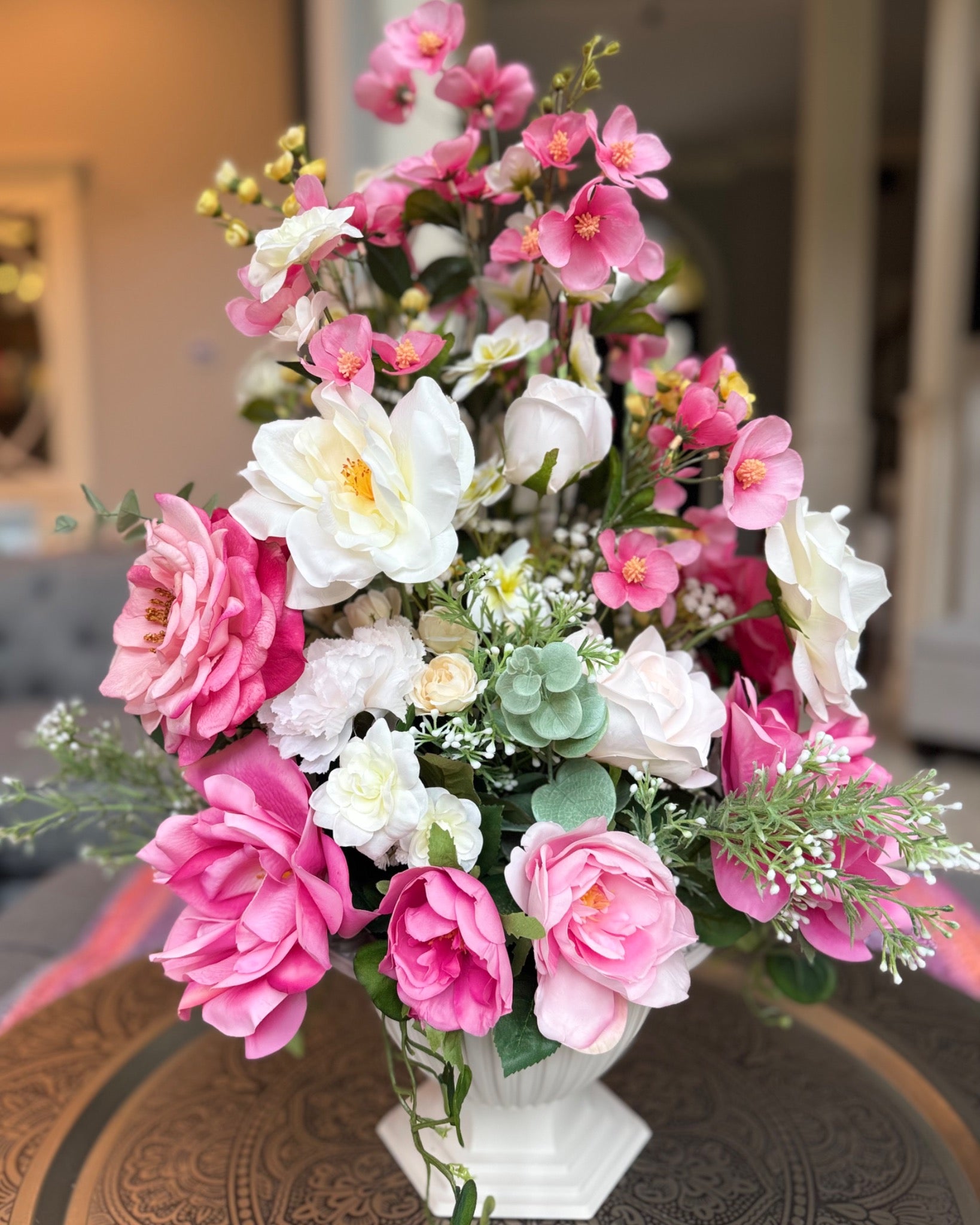 Palais Bowl floral arrangement in the Bone White finish, Princess size, Strawberry Shortcake palette, featuring lifelike pink roses, white garden roses, cherry blossoms, eucalyptus, and greenery.