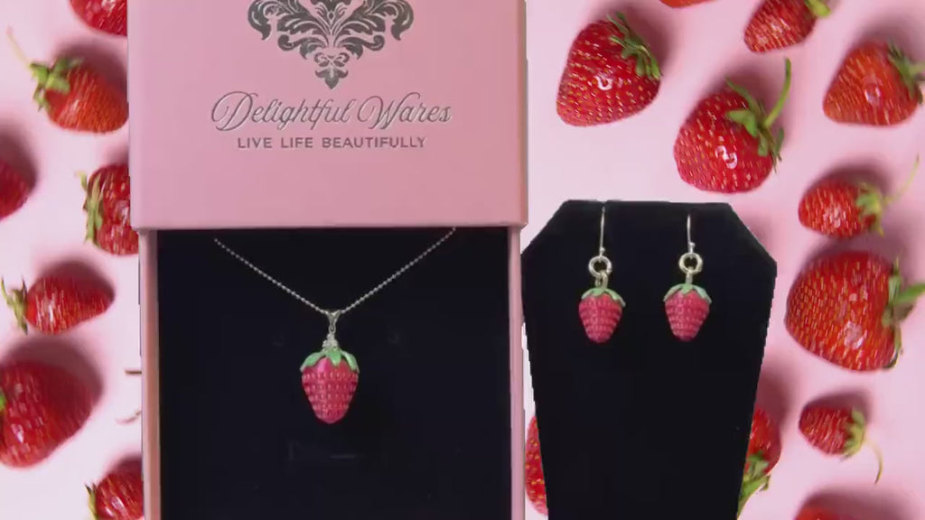 Strawberry Dangle Earrings 925 Sterling Silver Cute Fruit Jewelry