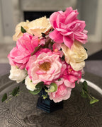 Strawberry Shortcake floral arrangement in the Duchess Palais Bowl, featuring premium lifelike pink, blush, ivory, and cream blooms in the Onyx Shimmer finish.